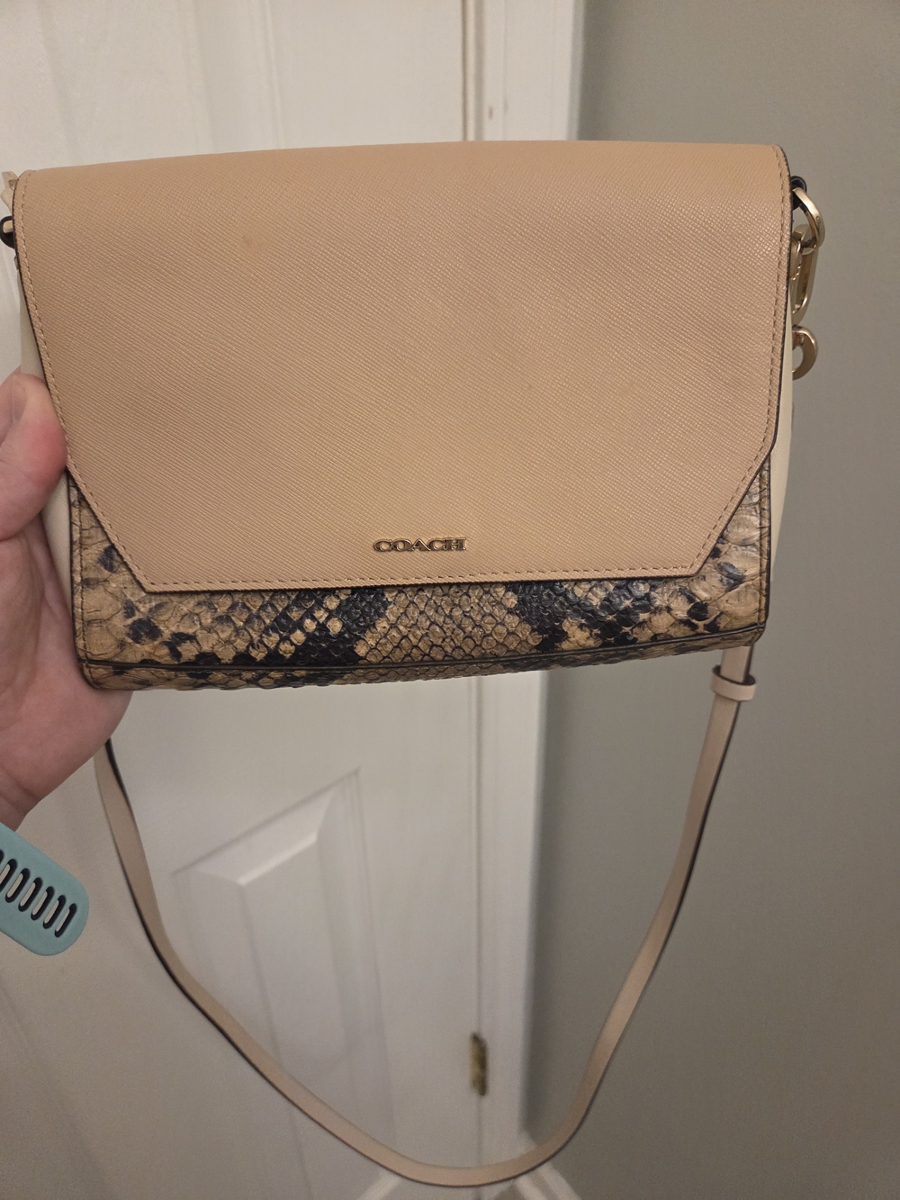 Coach Beige Leather Crossbody with Snake-Print Trim